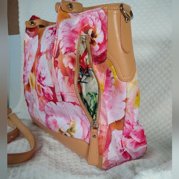 Sharif Hand Painted Tan Leather Purse Gorgeous Pink Florals - Picture 8 of 15